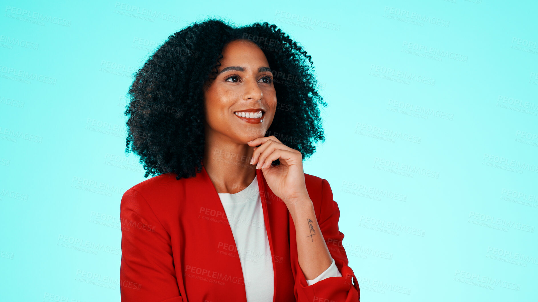 Buy stock photo Thinking, smile or businesswoman with space, mindfulness or inspiration for career growth. Idea, reflection or employee on studio background with perspective or daydreaming on professional goals.