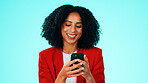 Business, smile and woman in studio, phone for social media and email alert on blue background. Person, space and employee with tech, internet and research for website info, app or message to contact