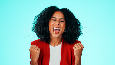 Buy stock photo Victory, portrait and woman with sale announcement, fist pump or winning with good news. Yes, mockup space or person on studio background with discount, wow reaction or amazed at bonus promotion.