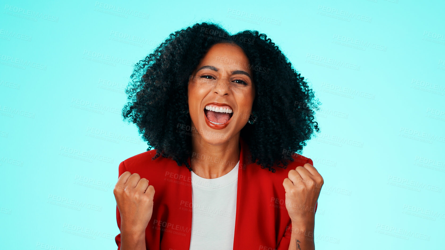 Buy stock photo Victory, portrait and woman with sale announcement, fist pump or winning with good news. Yes, mockup space or person on studio background with discount, wow reaction or amazed at bonus promotion.