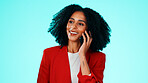 Business, phone call and woman in studio, smile and app for communication on blue background. Professional, space and person with tech, online chatting and connection for feedback and conversation