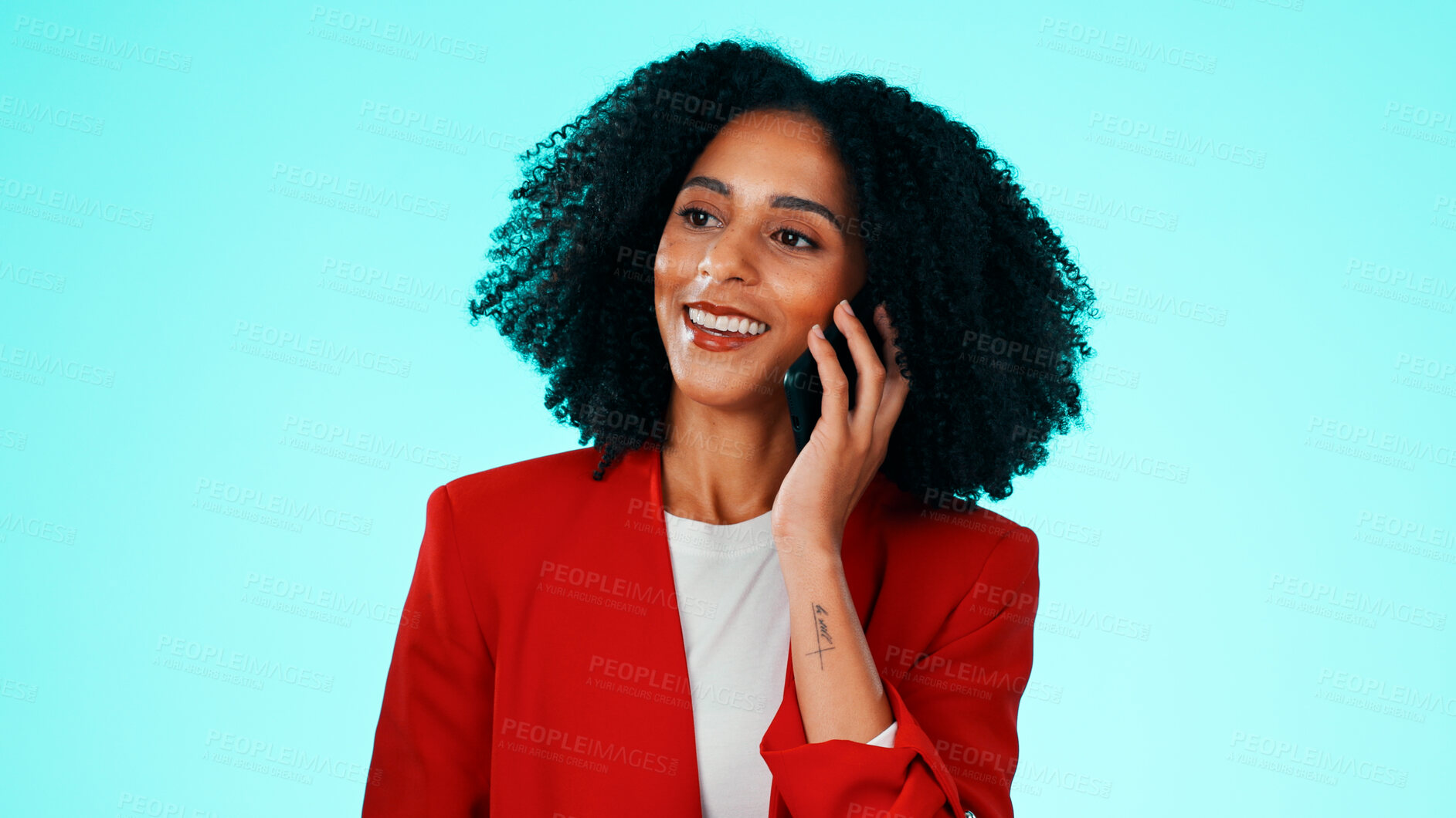 Buy stock photo Business, phone call and woman in studio, smile and app for communication on blue background. Professional, space and person with tech, online chatting and connection for feedback and conversation
