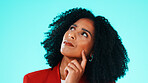 Thinking, uncertain and woman in studio, decision and contemplation on blue background. Reflection, unsure and person with choice, thoughtful and looking up for wonder, confused and ponder with doubt