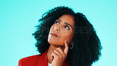 Buy stock photo Thinking, uncertain and woman in studio, decision and contemplation on blue background. Reflection, unsure and person with choice, thoughtful and looking up for wonder, confused and ponder with doubt