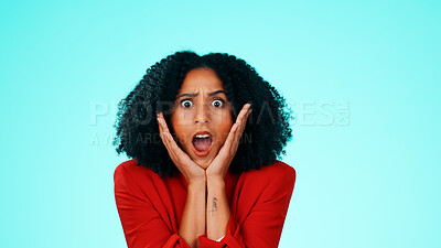 Buy stock photo Woman, portrait and shocked with bad news, gossip and emotion for notification in studio. Female person, surprise and omg for secret announcement, mind blown and wtf expression on blue background