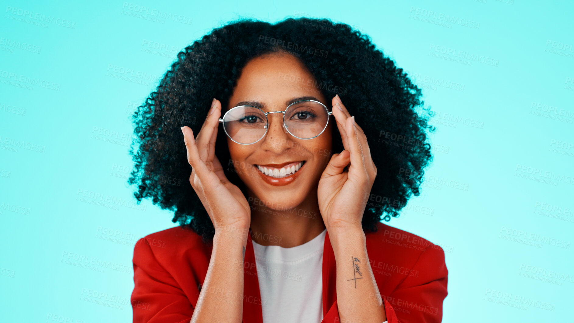 Buy stock photo Portrait, businesswoman and glasses for eye care in studio, optometry or smile with frame for vision. Blue background, person and eyewear for eyesight, happy and prescription lens in Puerto Rico