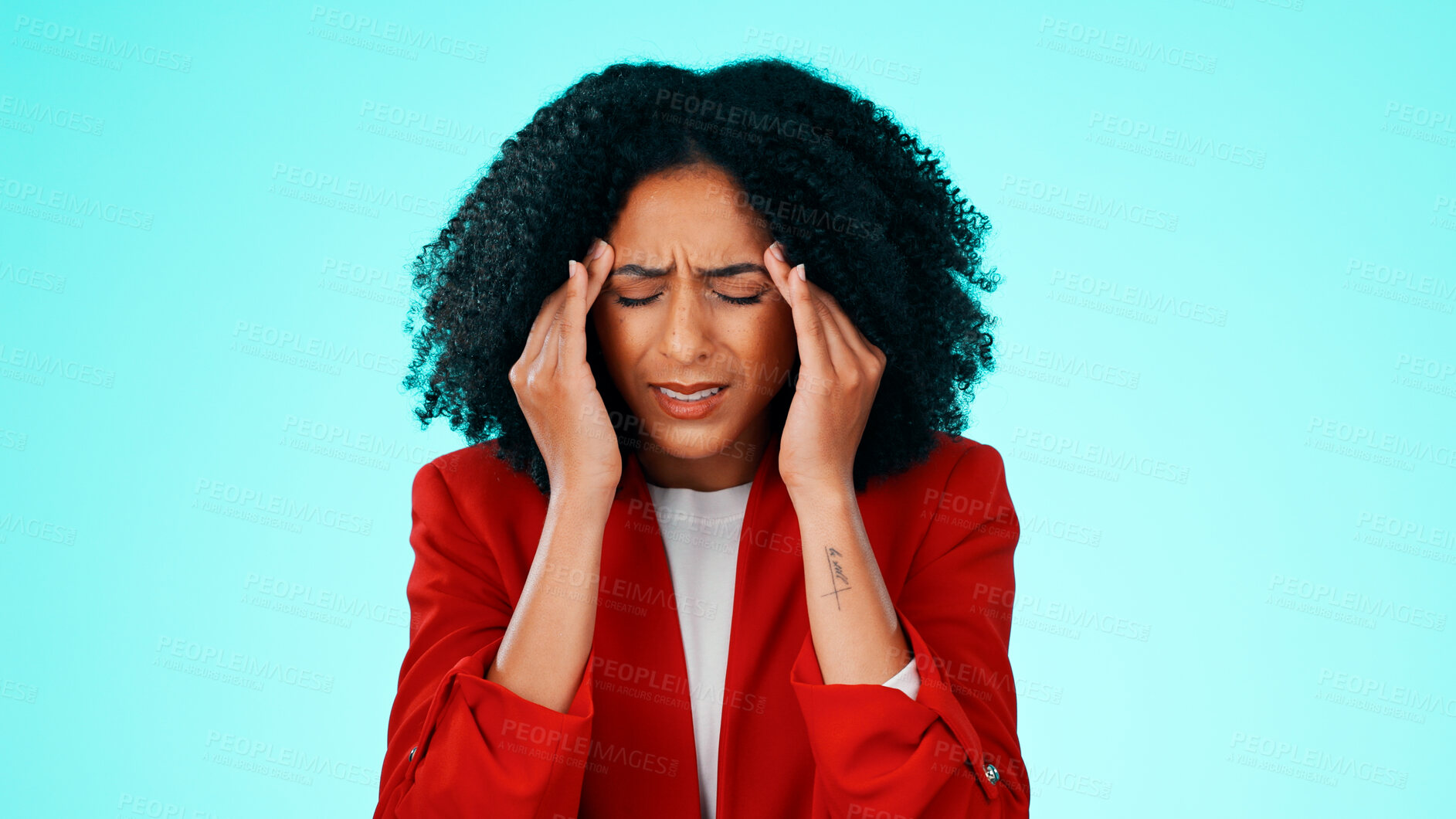 Buy stock photo Frustrated, woman and studio with headache for business stress or pressure on a blue background. Tired, female person or employee with migraine or sore ache for fatigue, mental health or deadline