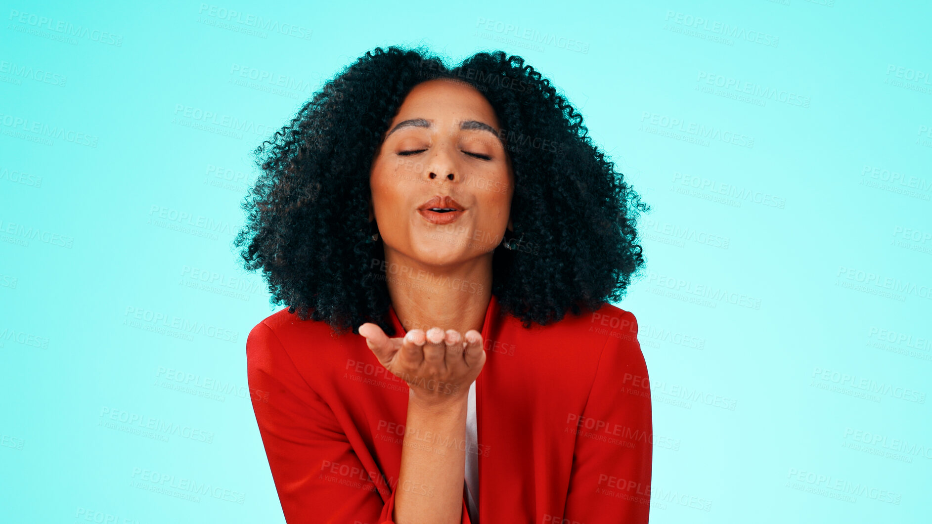 Buy stock photo Woman, love and blow kiss in studio for romance, flirting and expression on blue background. Happy person, space and kissing air with hand gesture for emoji, reaction and date on valentines day