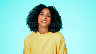 Buy stock photo Happy woman, portrait and studio with teacher or pride for academic knowledge on a blue background. Female person, tutor or smile with positive attitude for elementary school learning or education