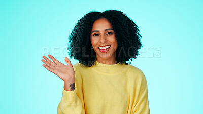 Buy stock photo Portrait, smile and woman with wave in studio for greeting, communication and welcome. Female person, happy and hand gesture with space for sign language, hello or thank you on blue background