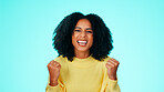 Winning, portrait and woman with sale announcement, fist pump or victory with good news. Success, mockup space or person on studio background with discount, yes reaction or amazed at bonus promotion.