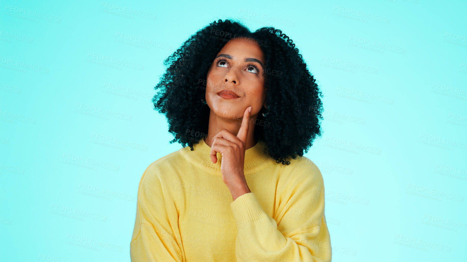 Buy stock photo Thinking, wonder and woman in studio, decision and contemplation on blue background. Reflection, unsure and person with choice, thoughtful and looking up for doubt, confused and ponder with questions