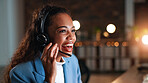 Night, call center and woman with smile, headset for communication and system solution. Evening, happy person and employee in office, talking and consultation for advice and contact us for feedback