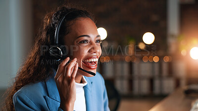 Buy stock photo Night, call center and woman with smile, headset for communication and system solution. Evening, happy person and employee in office, talking and consultation for advice and contact us for feedback