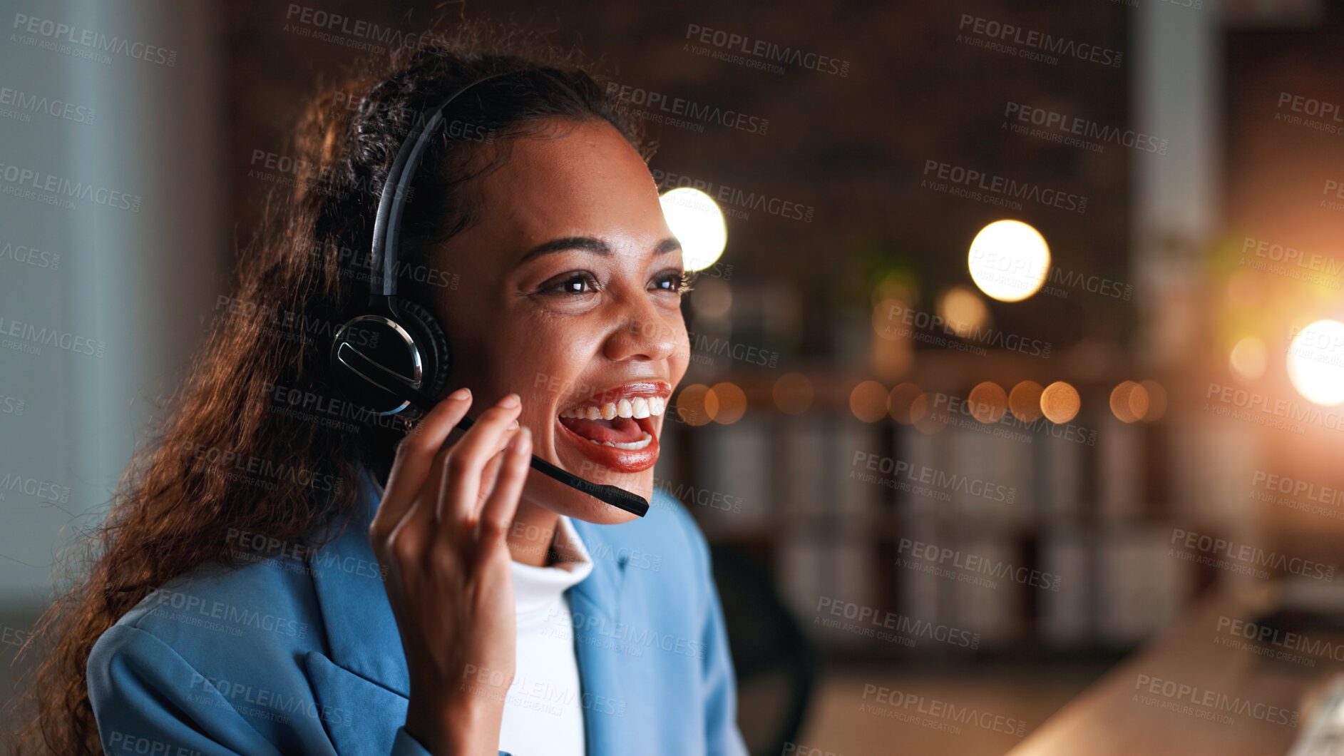 Buy stock photo Night, call center and woman with smile, headset for communication and system solution. Evening, happy person and employee in office, talking and consultation for advice and contact us for feedback