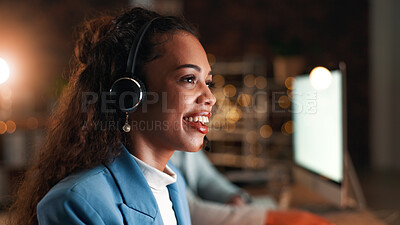 Buy stock photo Evening, call center and woman with smile, headset for communication and system solution. Night, person or employee in workplace, talking and consultation for advice, bokeh or contact us for feedback