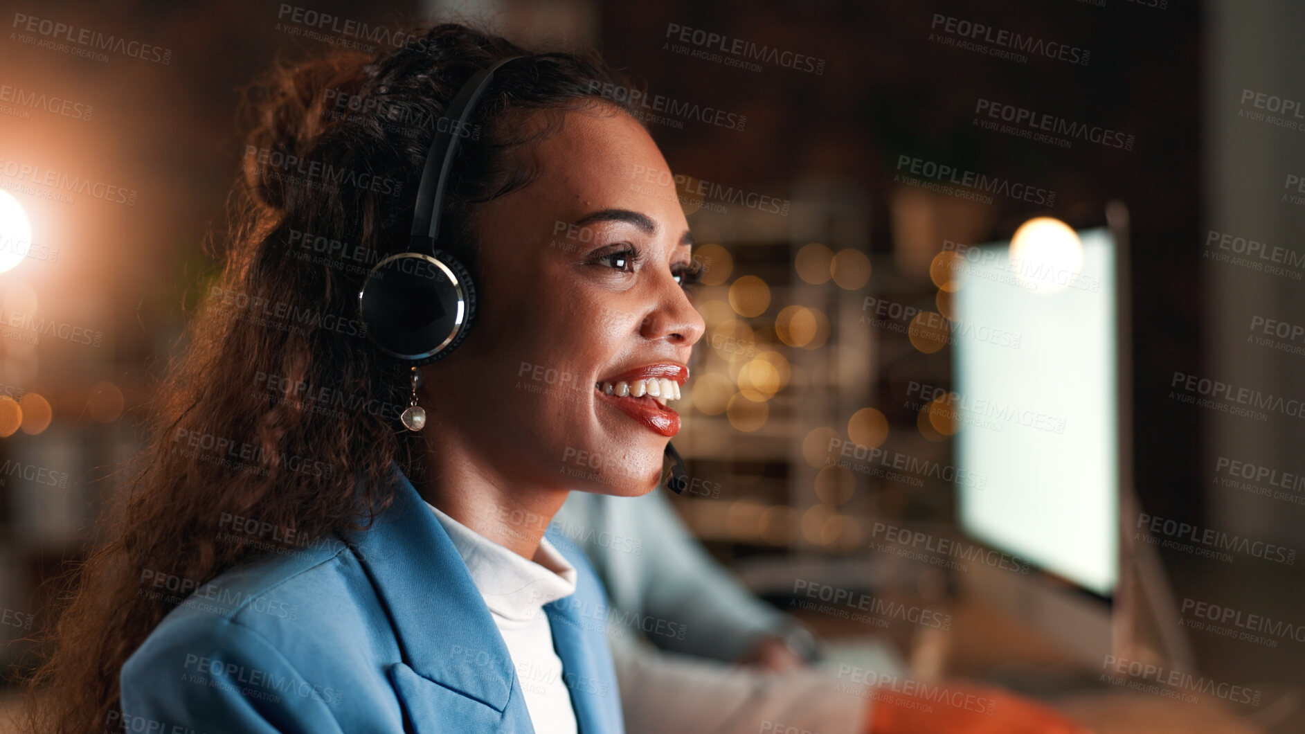 Buy stock photo Evening, call center and woman with smile, headset for communication and system solution. Night, person or employee in workplace, talking and consultation for advice, bokeh or contact us for feedback