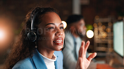 Buy stock photo Night, call center and woman with advice, headset for communication or system solution. Evening, person or employee in office, discussion or customer service for help desk or contact us for feedback