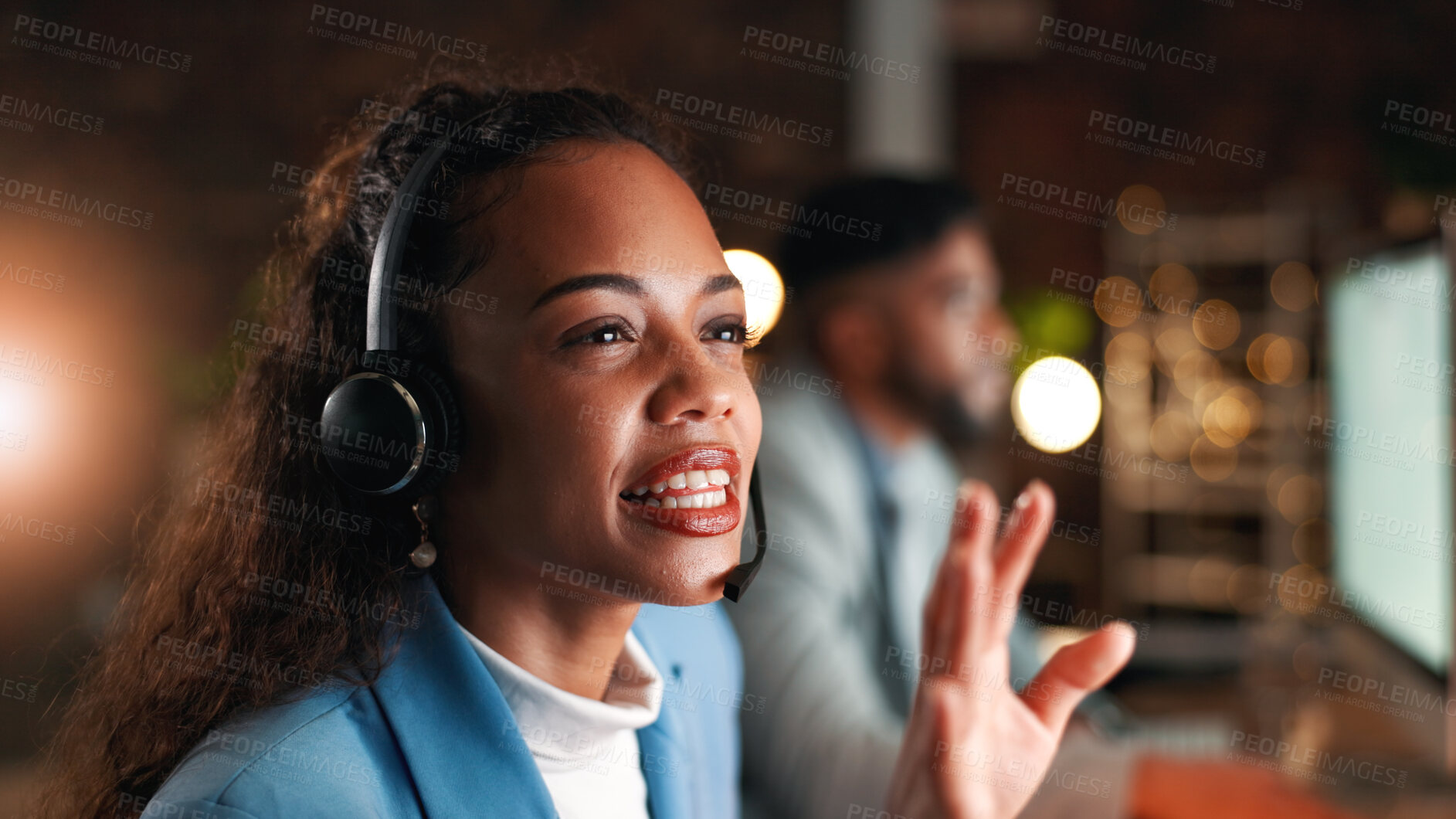 Buy stock photo Night, call center and woman with advice, headset for communication or system solution. Evening, person or employee in office, discussion or customer service for help desk or contact us for feedback