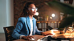 Woman, computer and smile in office at night with decision, proposal or review at investment company. Person, financial advisor or glasses with pc, feedback or overtime at asset management agency