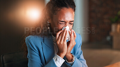 Buy stock photo Night, sick and woman in office, sneeze and influenza with health problem, medical risk or sinus. Business, person or professional in workplace, blowing nose or illness bug with cold virus or allergy