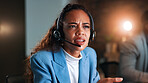 Woman, headset and confused at night with legal advice, discussion or insight for customer support. Person, advisor or consultant with thinking at call center, voip tech and problem solving at agency