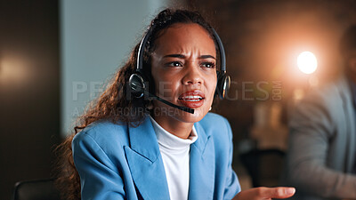 Buy stock photo Woman, headset and confused at night with legal advice, discussion or insight for customer support. Person, advisor or consultant with thinking at call center, voip tech and problem solving at agency