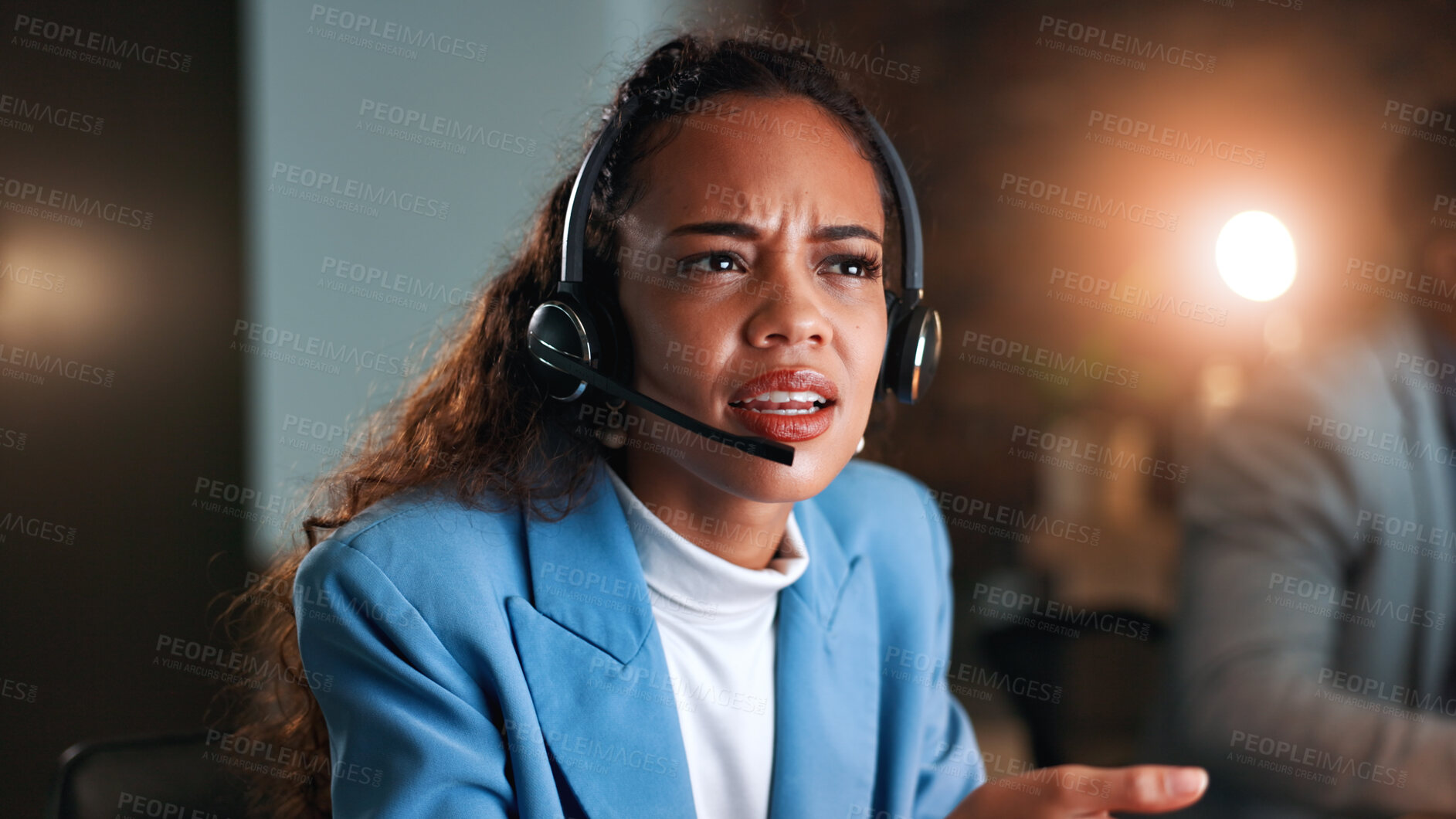 Buy stock photo Woman, headset and confused at night with legal advice, discussion or insight for customer support. Person, advisor or consultant with thinking at call center, voip tech and problem solving at agency