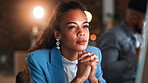Woman, computer and project in office at night with decision, proposal and article at media company. Person, review and perspective with flare, overtime and feedback with report at creative agency