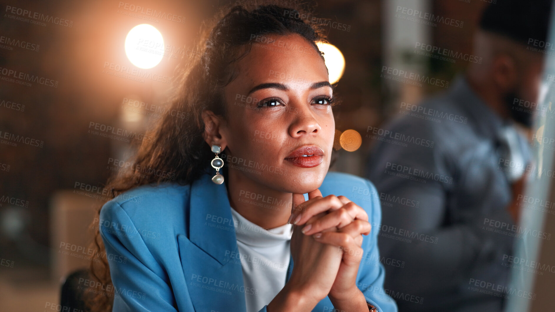 Buy stock photo Woman, computer and project in office at night with decision, proposal and article at media company. Person, review and perspective with flare, overtime and feedback with report at creative agency