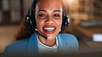 Night, help desk and woman with smile, headset for communication and system solution. Evening, happy person and employee in workplace, discussion or call center for advice and contact us for feedback