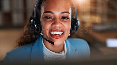 Buy stock photo Night, help desk and woman with smile, headset for communication and system solution. Evening, happy person and employee in workplace, discussion or call center for advice and contact us for feedback