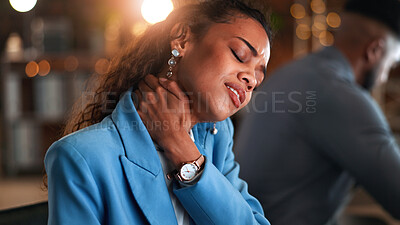 Buy stock photo Woman, neck pain and stress at night in office with injury, sore muscle or strain with fatigue at company. Person, frustrated and exhausted with burnout, joint ache and overtime at creative agency