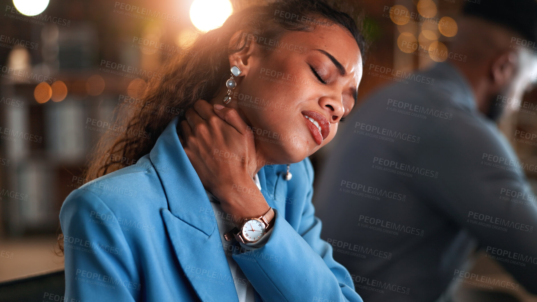 Buy stock photo Woman, neck pain and stress at night in office with injury, sore muscle or strain with fatigue at company. Person, frustrated and exhausted with burnout, joint ache and overtime at creative agency