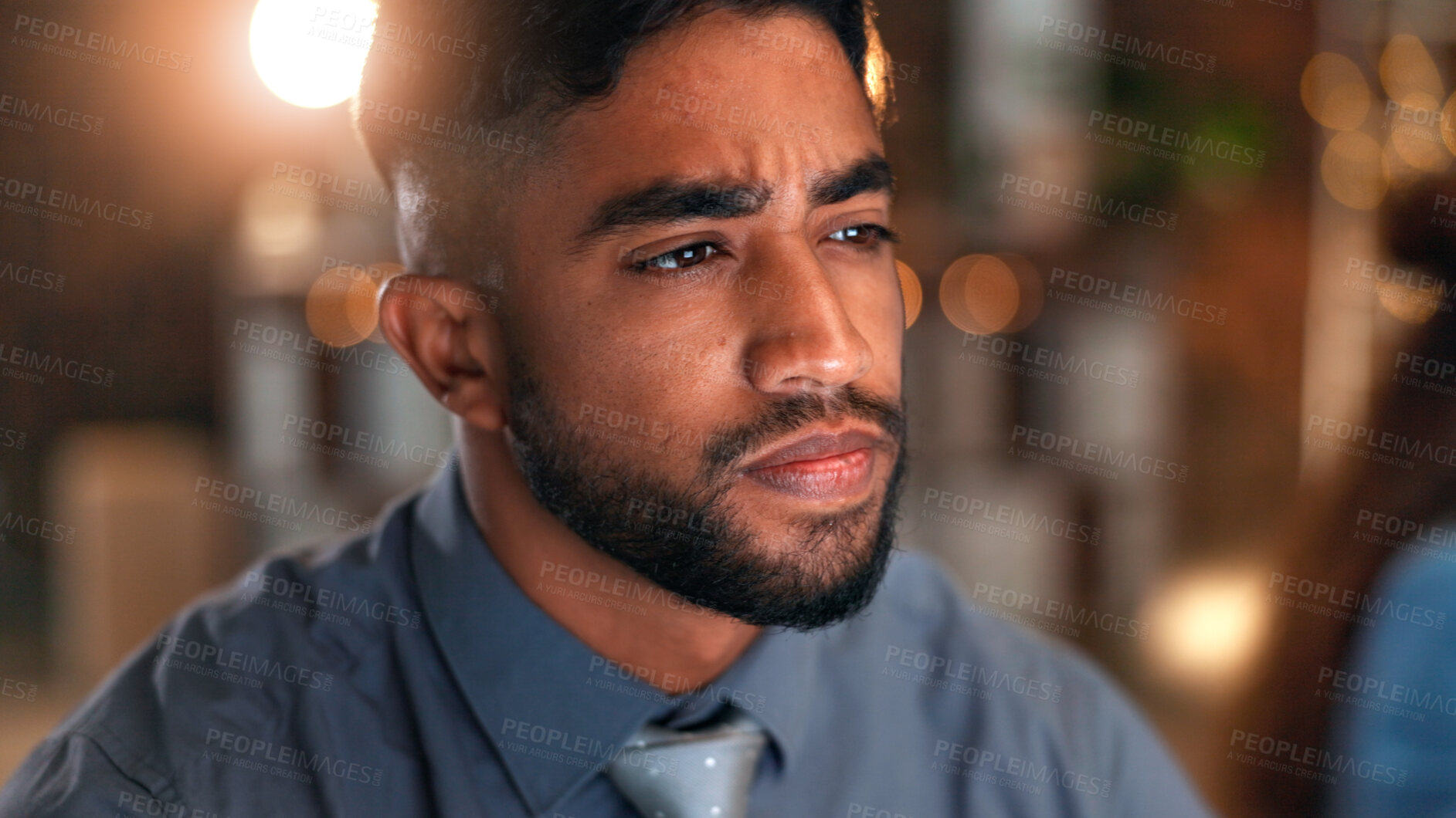 Buy stock photo Man, thinking and serious with decision in office at night for solution, insight or case at legal agency. Person, attorney or overtime with perspective for proposal, feedback or report at law firm
