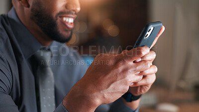 Buy stock photo Hands, phone and texting at night in office with smile, contact and notification at legal agency. Happy man, lawyer and typing with mobile app, feedback and overtime with chat at corporate law firm