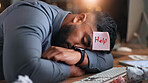 Business, sleep or tired man in office with sticky note for help, burnout or exhausted at night. Rest, fatigue or employee at desk with low energy, deadline or overwork with paper on forehead at work
