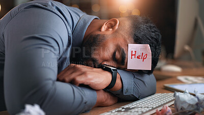 Buy stock photo Business, sleep or tired man in office with sticky note for help, burnout or exhausted at night. Rest, fatigue or employee at desk with low energy, deadline or overwork with paper on forehead at work