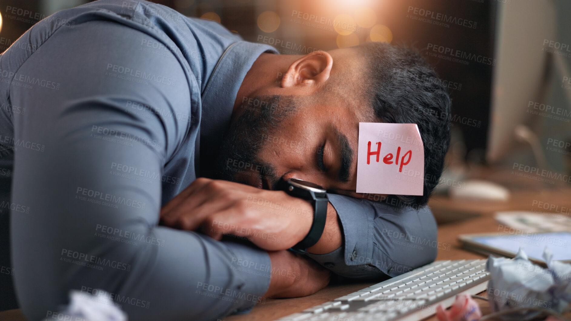 Buy stock photo Business, sleep or tired man in office with sticky note for help, burnout or exhausted at night. Rest, fatigue or employee at desk with low energy, deadline or overwork with paper on forehead at work