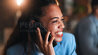 Buy stock photo Phone call, night or woman in office with connection, agenda change or online conversation for project. Business, chat or employee with tech, schedule update or report feedback in late shift.