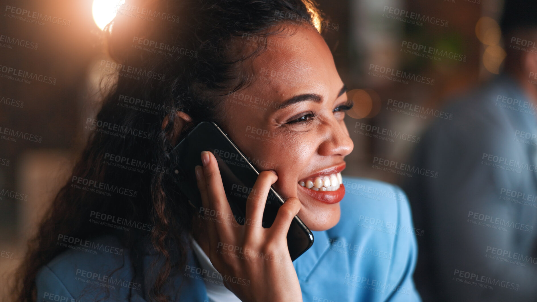 Buy stock photo Phone call, night or woman in office with connection, agenda change or online conversation for project. Business, chat or employee with tech, schedule update or report feedback in late shift.
