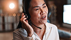 Night, tech support and woman in office, headset for communication and system solution. Evening, mature person and employee in workplace, bokeh and consultation for advice and contact us for feedback