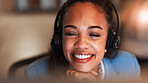 Night, help desk and woman with smile, headset for communication and system solution. Evening, person and employee in office, tech support and consultation for advice, about us and customer service