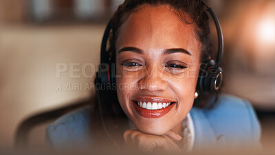 Buy stock photo Night, help desk and woman with smile, headset for communication and system solution. Evening, person and employee in office, tech support and consultation for advice, about us and customer service