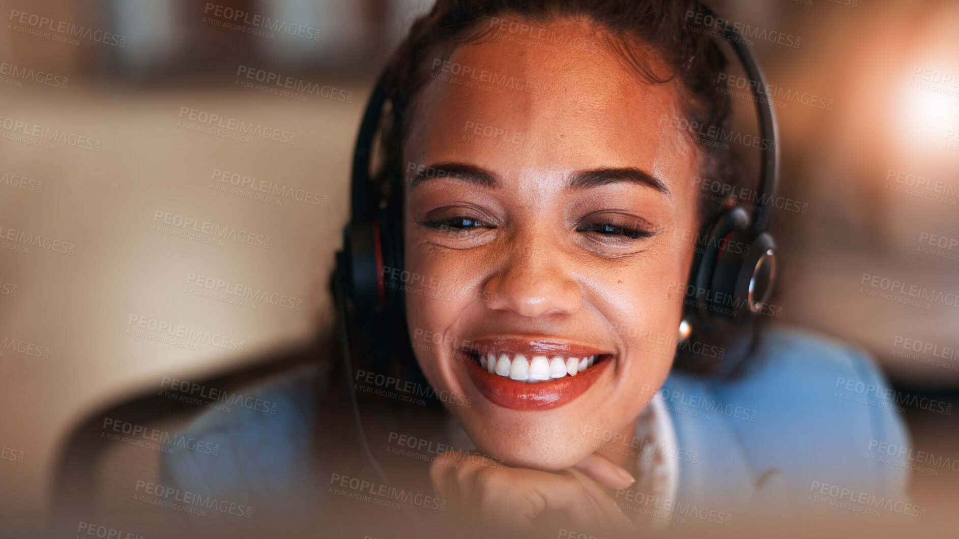 Buy stock photo Night, help desk and woman with smile, headset for communication and system solution. Evening, person and employee in office, tech support and consultation for advice, about us and customer service