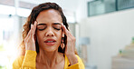 Headache, space and stress with designer woman in office for burnout, frustration or pressure. Anxiety, migraine and tension with employee person in design workplace for pain relief or temple massage