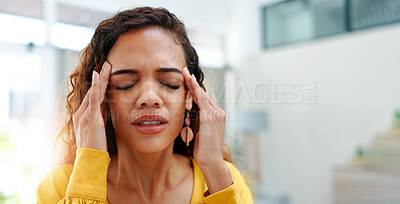 Buy stock photo Headache, space and stress with designer woman in office for burnout, frustration or pressure. Anxiety, migraine and tension with employee person in design workplace for pain relief or temple massage