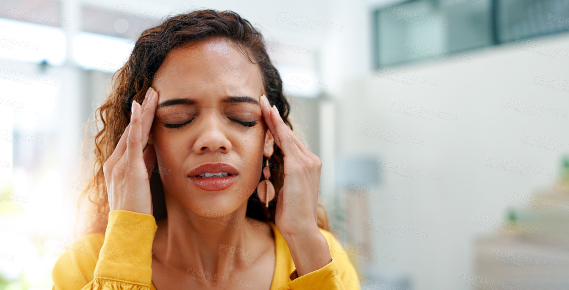 Buy stock photo Headache, space and stress with designer woman in office for burnout, frustration or pressure. Anxiety, migraine and tension with employee person in design workplace for pain relief or temple massage