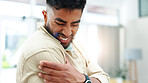 Man, discomfort and ache of shoulder pain in home from injury, muscle strain and pinched nerve. Male person, sore or joint fatigue with inflammation, fibromyalgia and cramps of osteoporosis condition