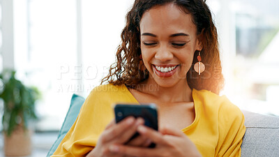 Buy stock photo Smile, phone and woman in home for relax, social media or download dating app in living room. Mobile, sofa and person with matchmaking website for connection search, communication and text message